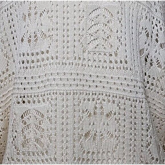 ELAN Crochet Patches Womens Large V Neck Sweater Off White Collared Cream Knit - Picture 5 of 9